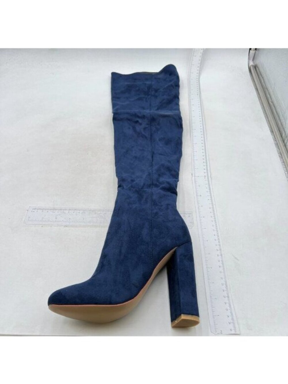 Women Thick High Heel Knee High Long Boots Closed Toe Pull On Faux Suede Blue